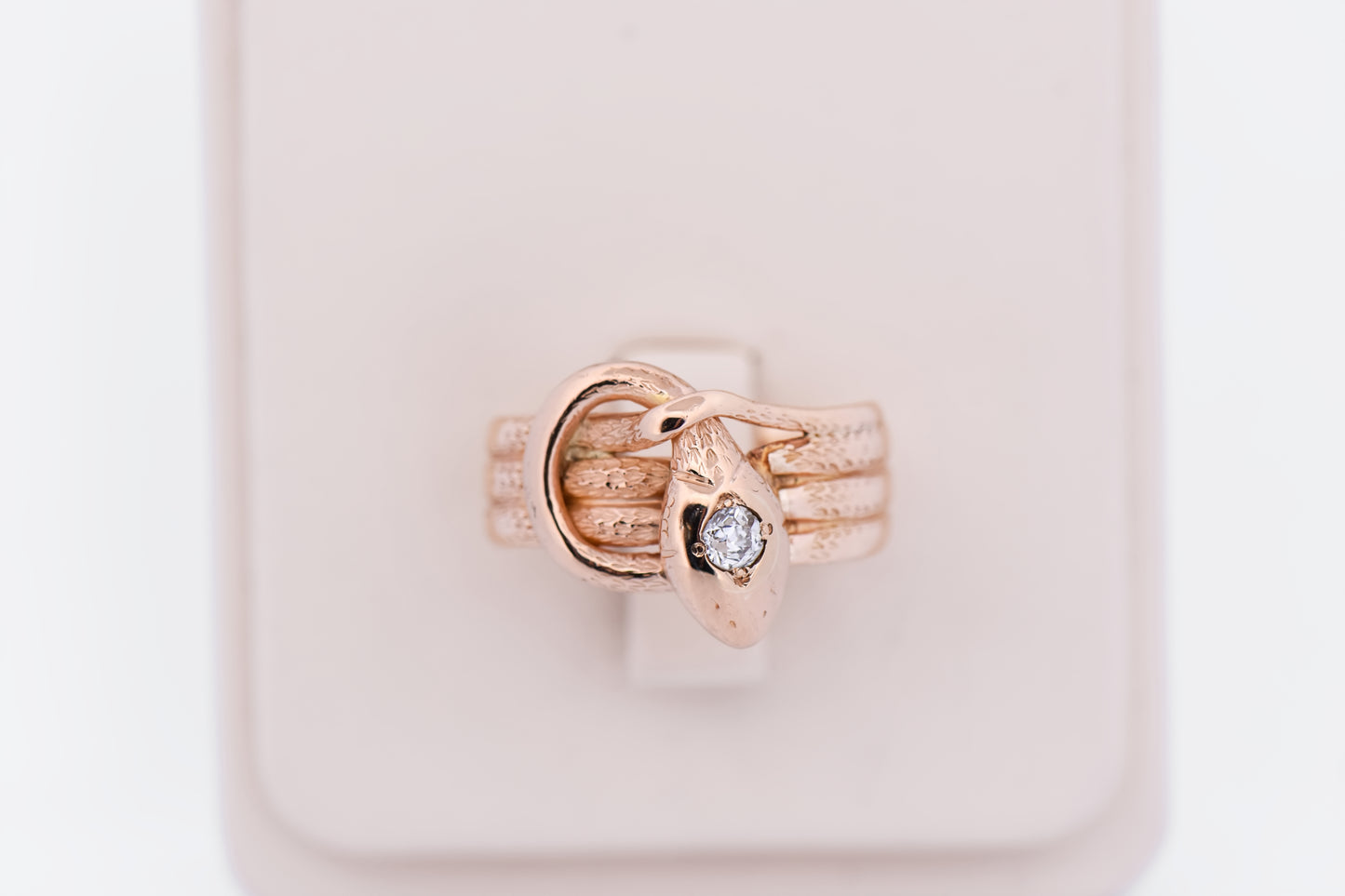 Unisex Victorian Snake Ring - 14k Rose Gold with Old Mine Cut Diamond