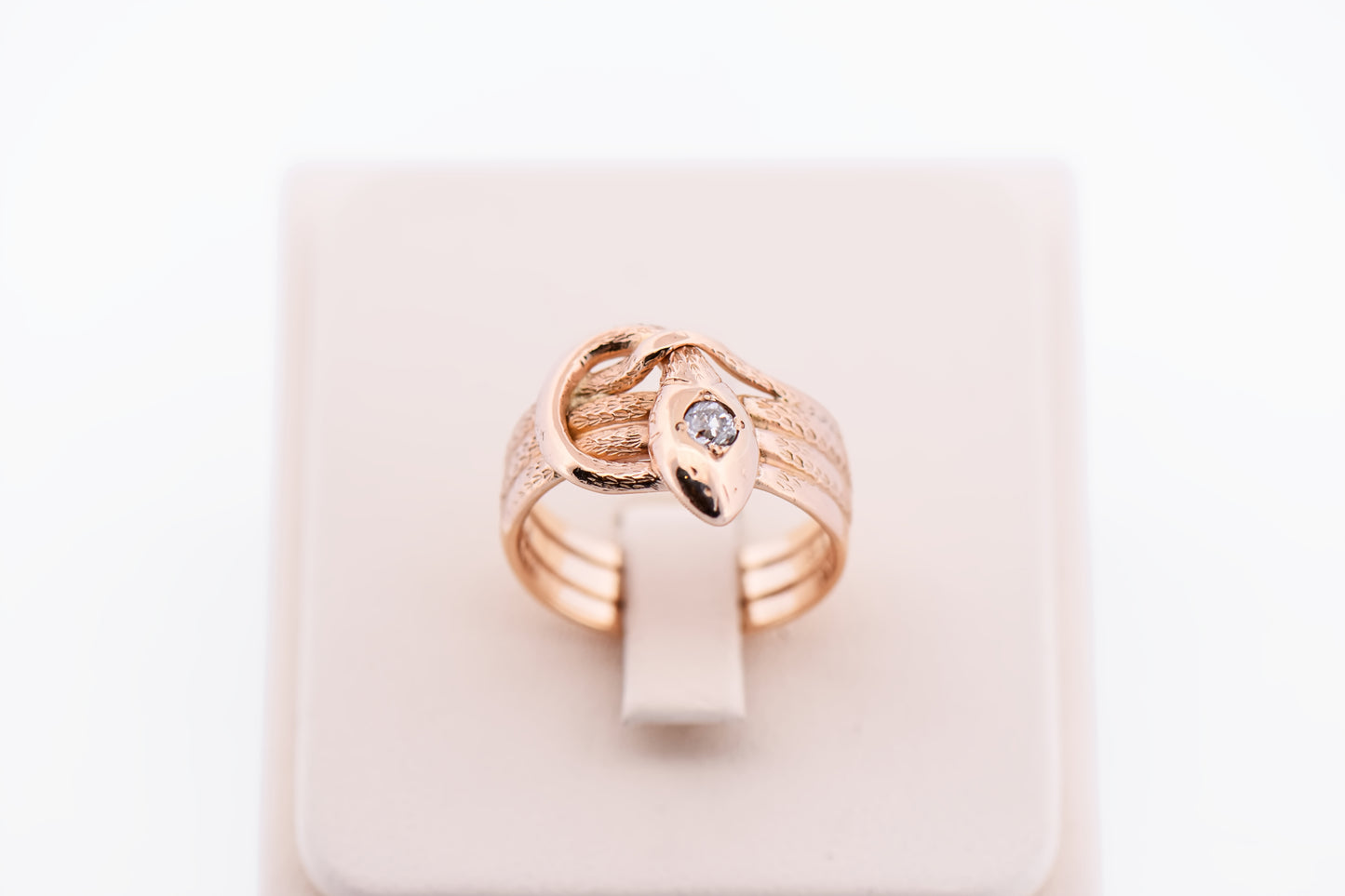 Unisex Victorian Snake Ring - 14k Rose Gold with Old Mine Cut Diamond