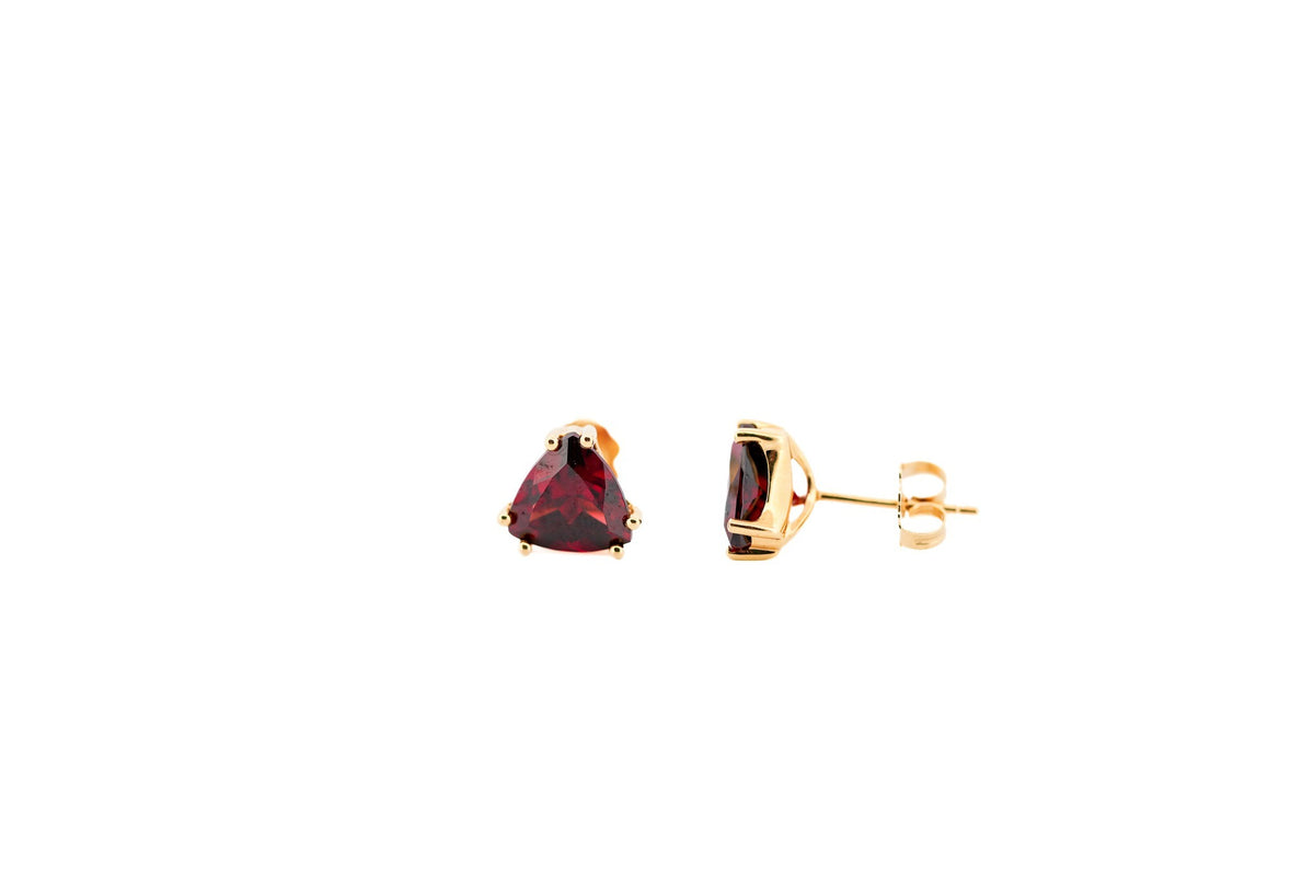 Unusual Trillion Cut Red Garnet Stud Earrings in Yellow Gold