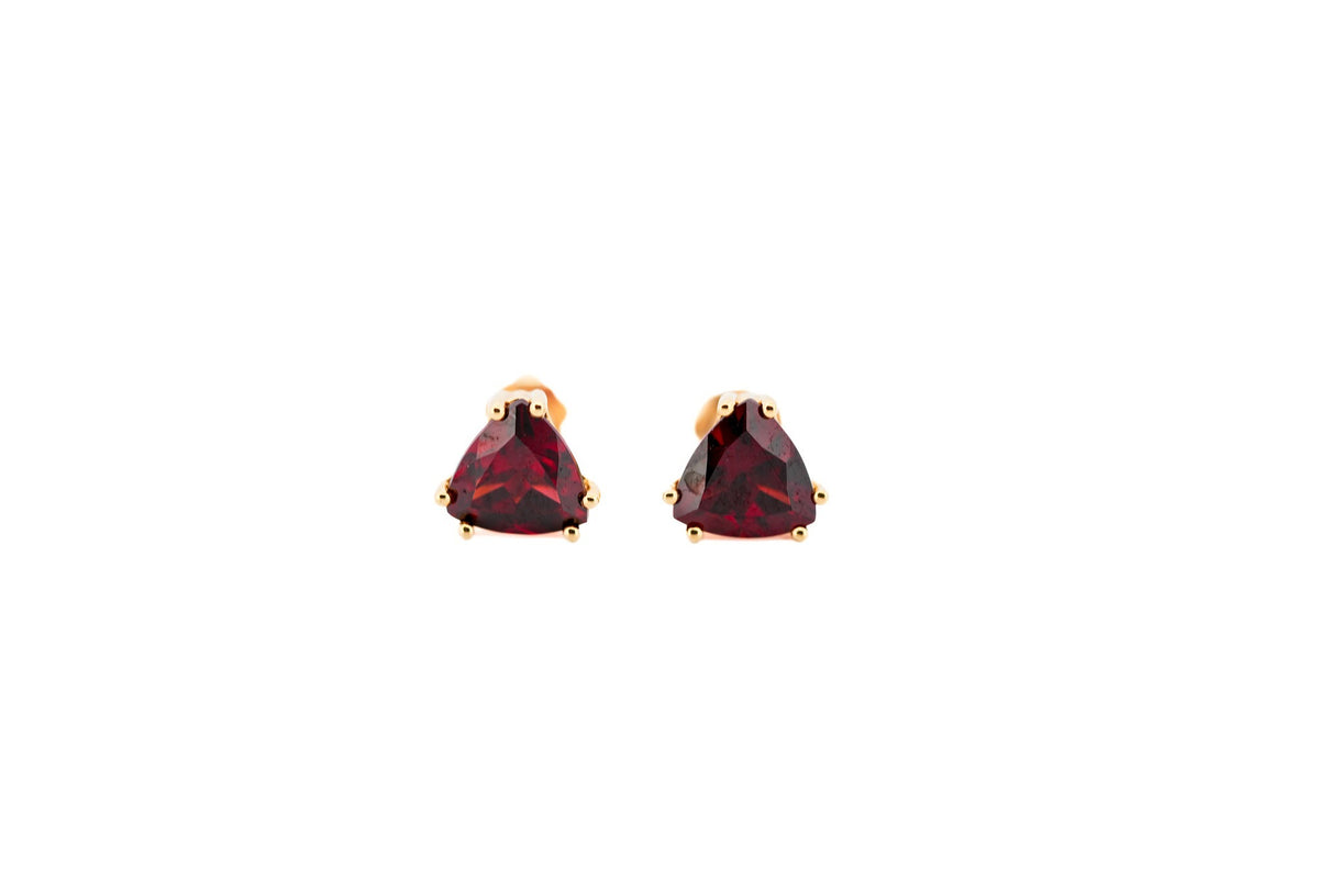 Unusual Trillion Cut Red Garnet Stud Earrings in Yellow Gold