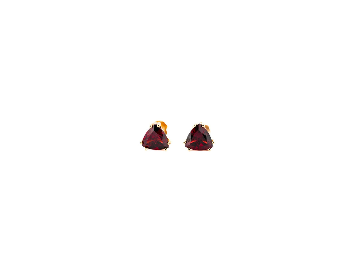 Unusual Trillion Cut Red Garnet Stud Earrings in Yellow Gold