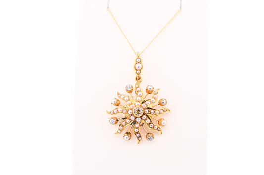 Victorian 18k Yellow Gold Sunburst Pendant with Mine Cut Diamonds & Pearls