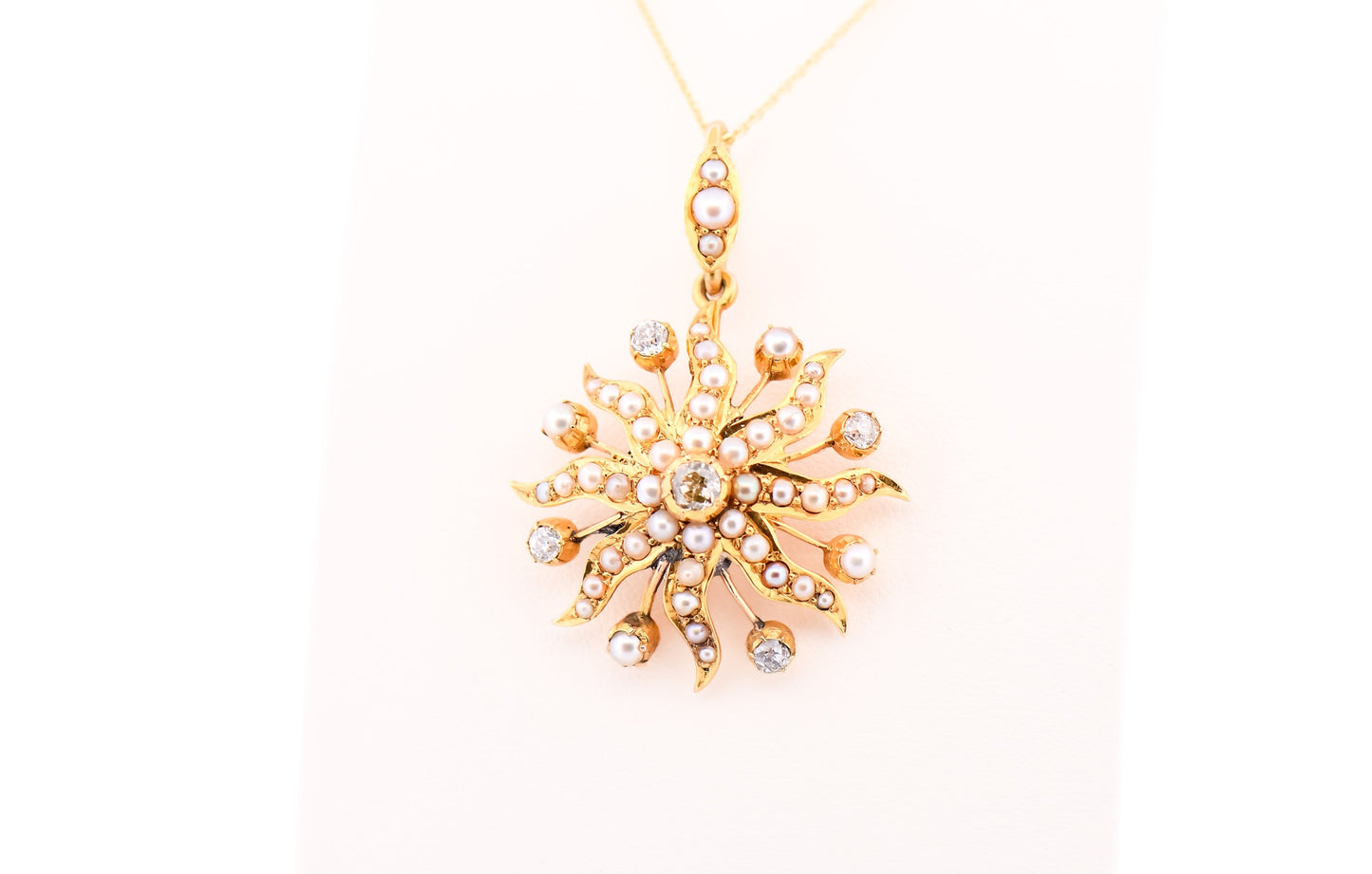 Victorian 18k Yellow Gold Sunburst Pendant with Mine Cut Diamonds & Pearls