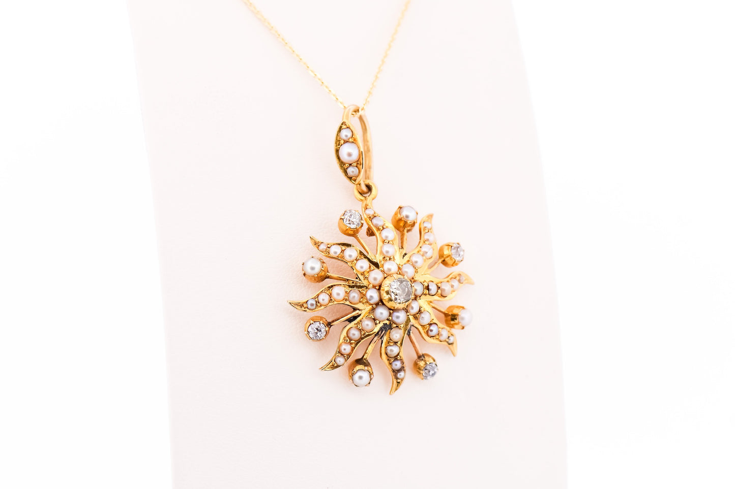 Victorian 18k Yellow Gold Sunburst Pendant with Mine Cut Diamonds & Pearls