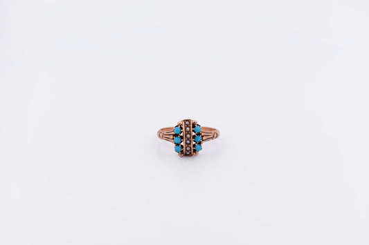 Victorian 9k Rose Gold Ring with Pearls & Turquoise