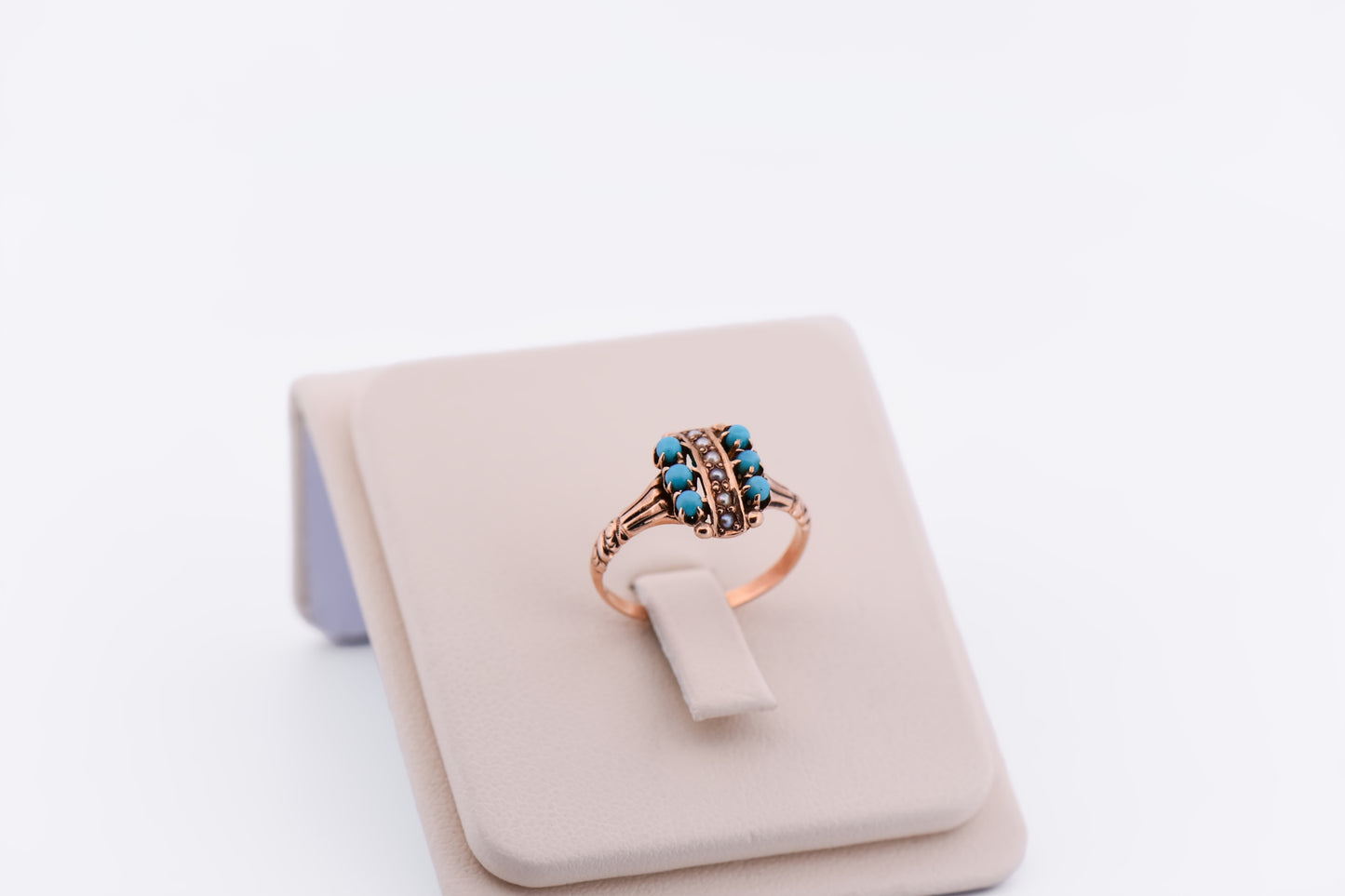Victorian 9k Rose Gold Ring with Pearls & Turquoise