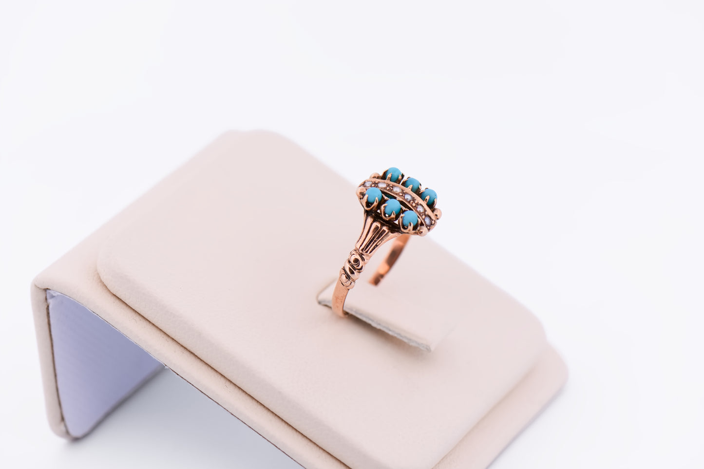 Victorian 9k Rose Gold Ring with Pearls & Turquoise