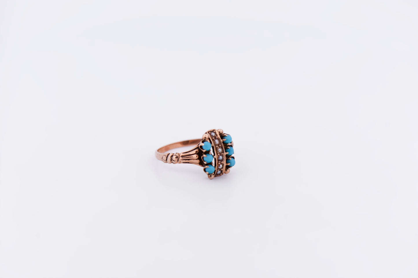 Victorian 9k Rose Gold Ring with Pearls & Turquoise