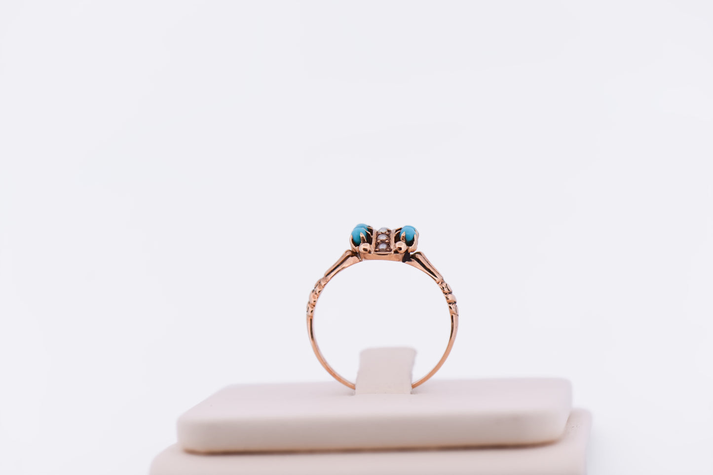 Victorian 9k Rose Gold Ring with Pearls & Turquoise