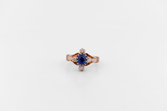 Victorian Blue Sapphire & Diamond Engagement Ring in Rosy Yellow Gold