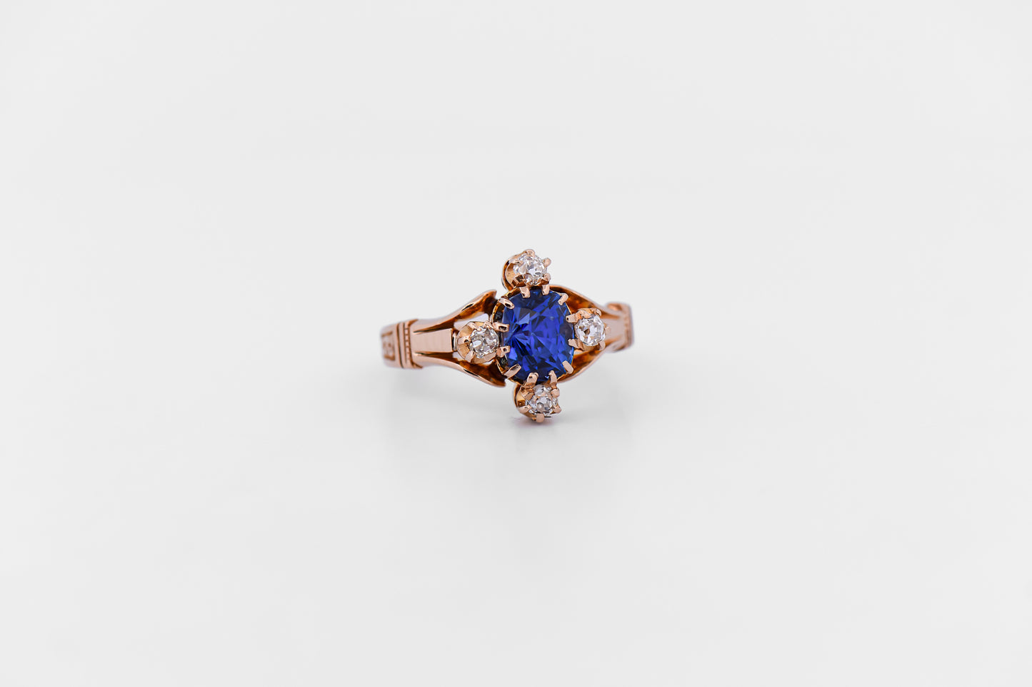 Victorian Blue Sapphire & Diamond Engagement Ring in Rosy Yellow Gold