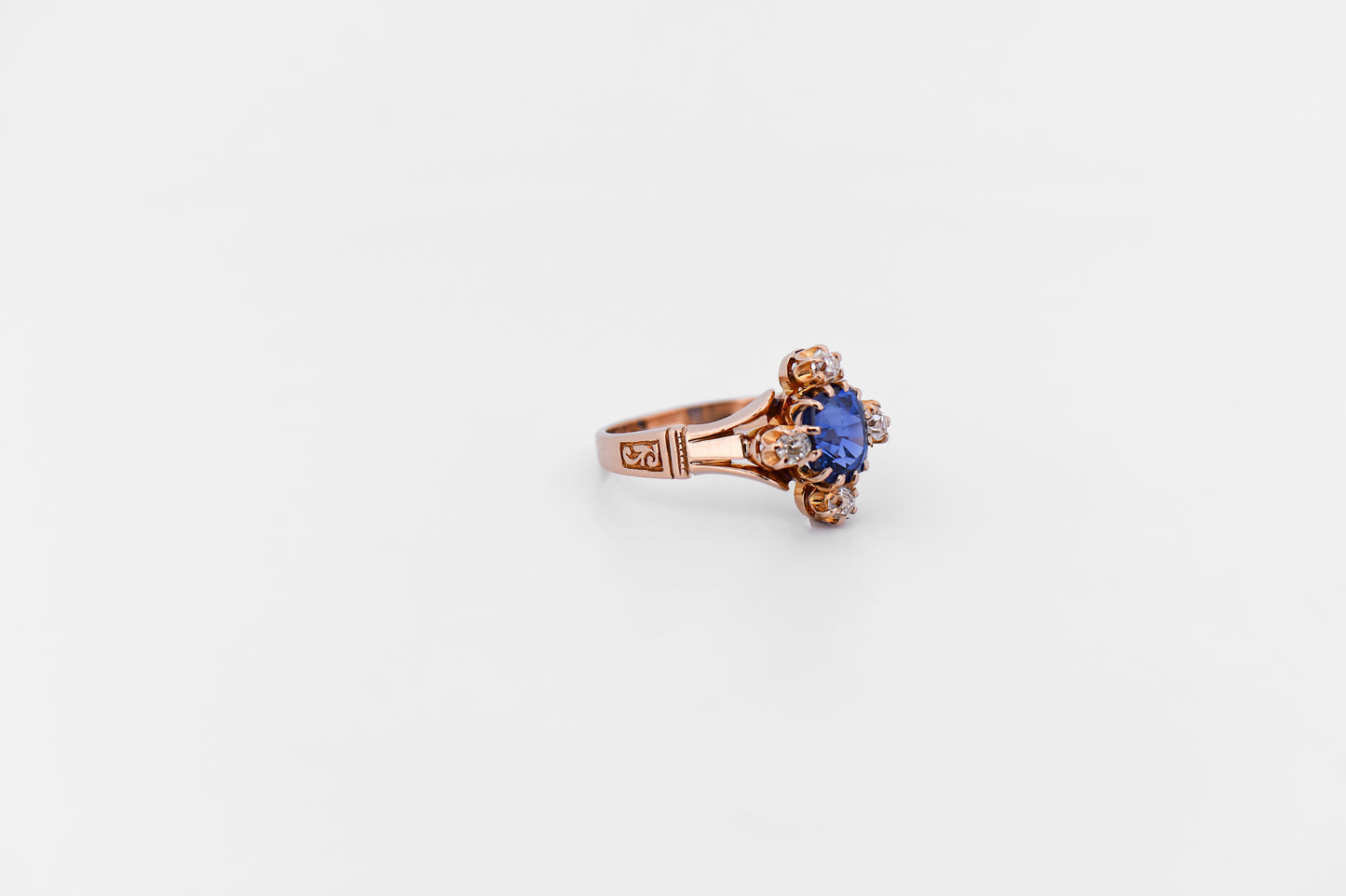 Victorian Blue Sapphire & Diamond Engagement Ring in Rosy Yellow Gold