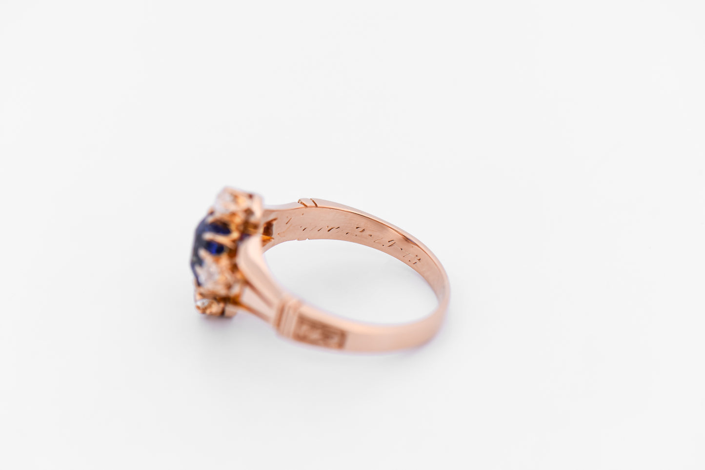 Victorian Blue Sapphire & Diamond Engagement Ring in Rosy Yellow Gold