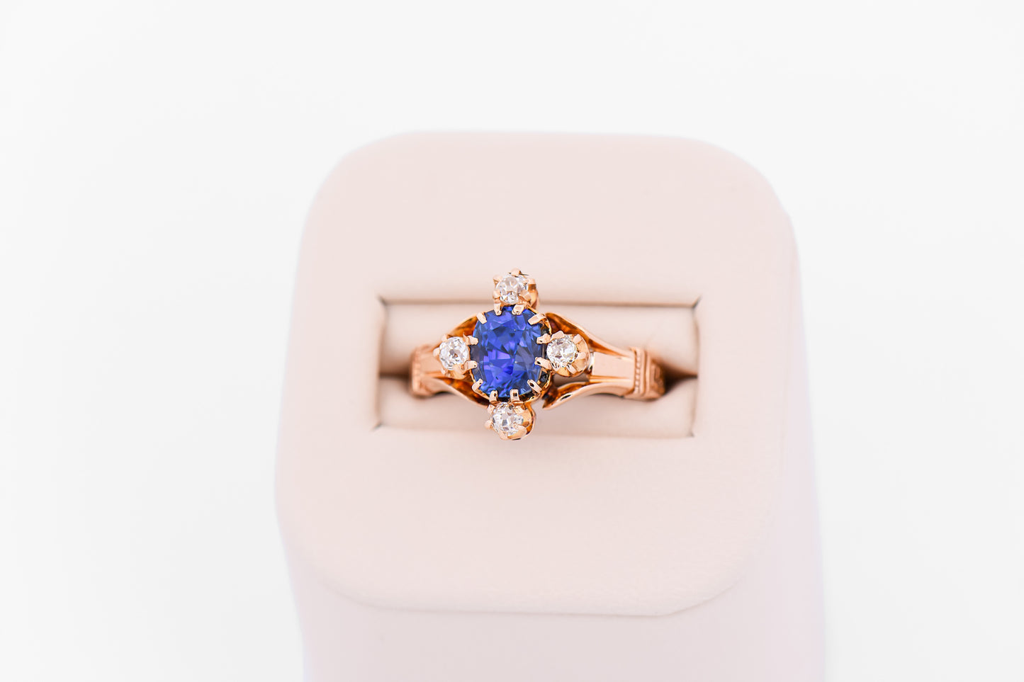 Victorian Blue Sapphire & Diamond Engagement Ring in Rosy Yellow Gold