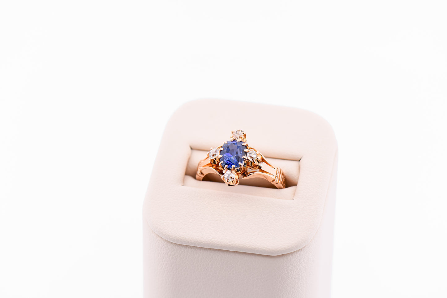 Victorian Blue Sapphire & Diamond Engagement Ring in Rosy Yellow Gold