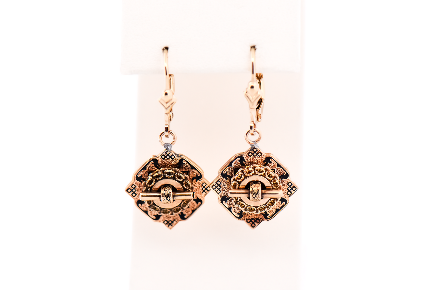 Victorian Gold Dangle Earrings with Black Enamel Accents - Taille de Epargne