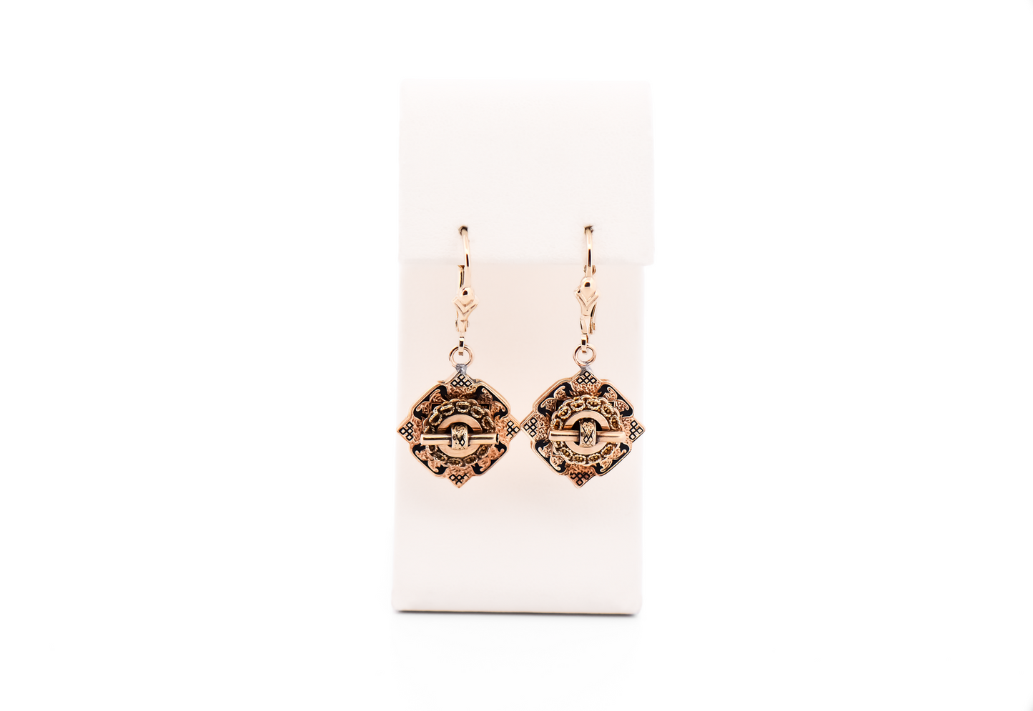 Victorian Gold Dangle Earrings with Black Enamel Accents - Taille de Epargne