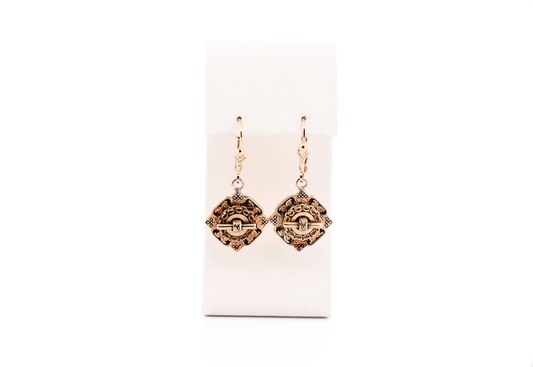 Victorian Gold Dangle Earrings with Black Enamel Accents - Taille de Epargne
