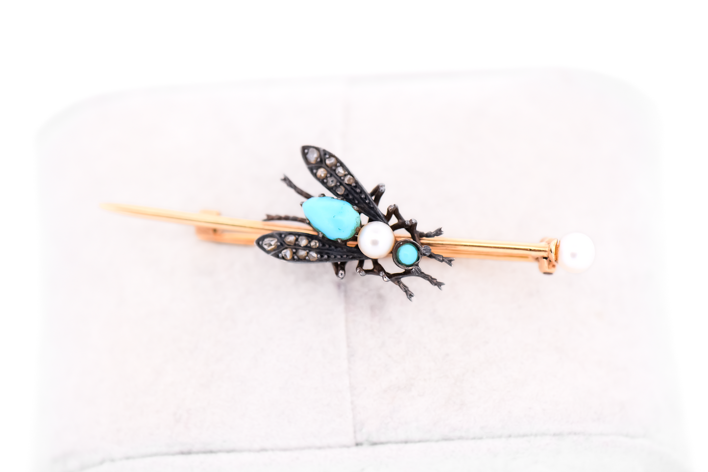 Victorian Insect Fly Brooch with Rose Cut Diamonds, Turquoise & Pearls
