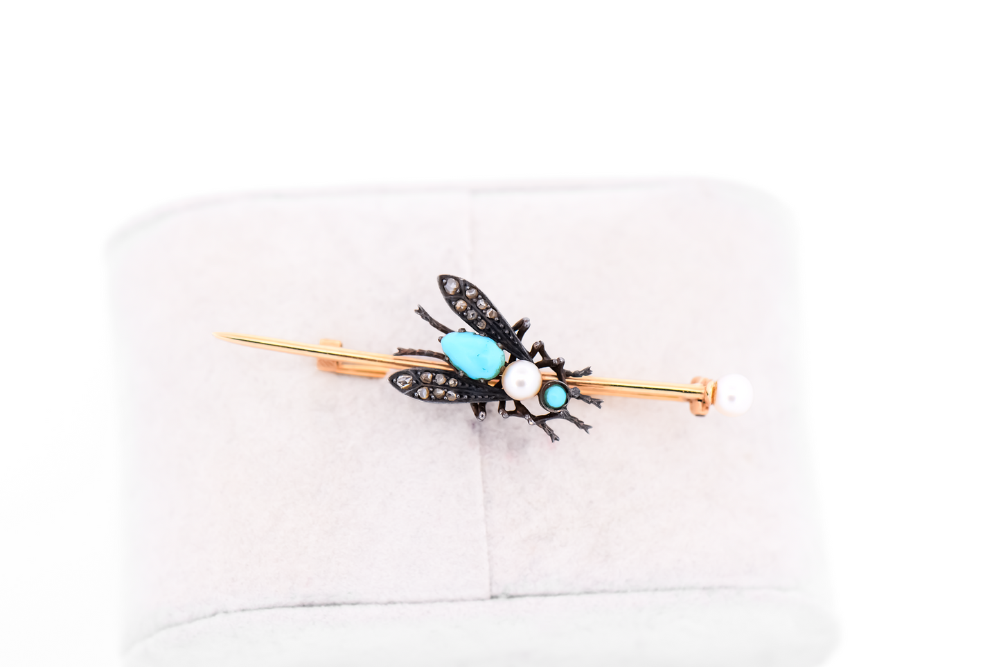 Victorian Insect Fly Brooch with Rose Cut Diamonds, Turquoise & Pearls