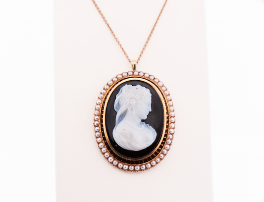 Victorian Onyx Cameo with Pearl Frame