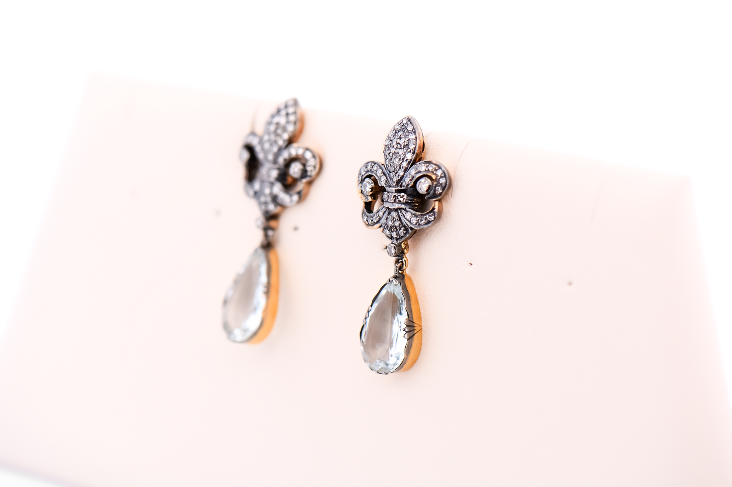 Victorian Revival Earrings - Pear Aquamarines Dangling from Diamond Fleur de Lis