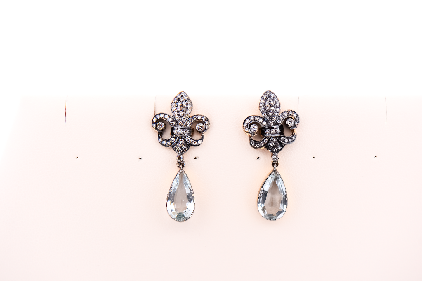 Victorian Revival Earrings - Pear Aquamarines Dangling from Diamond Fleur de Lis