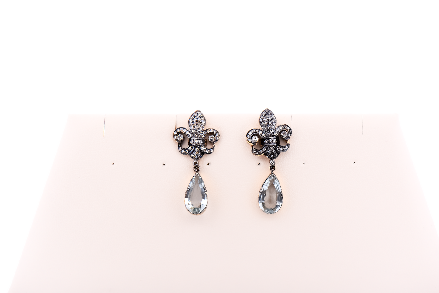 Victorian Revival Earrings - Pear Aquamarines Dangling from Diamond Fleur de Lis