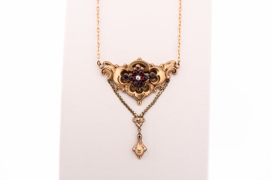 Victorian Rose Cut Garnet & Pearl Necklace in 9k/14k Gold
