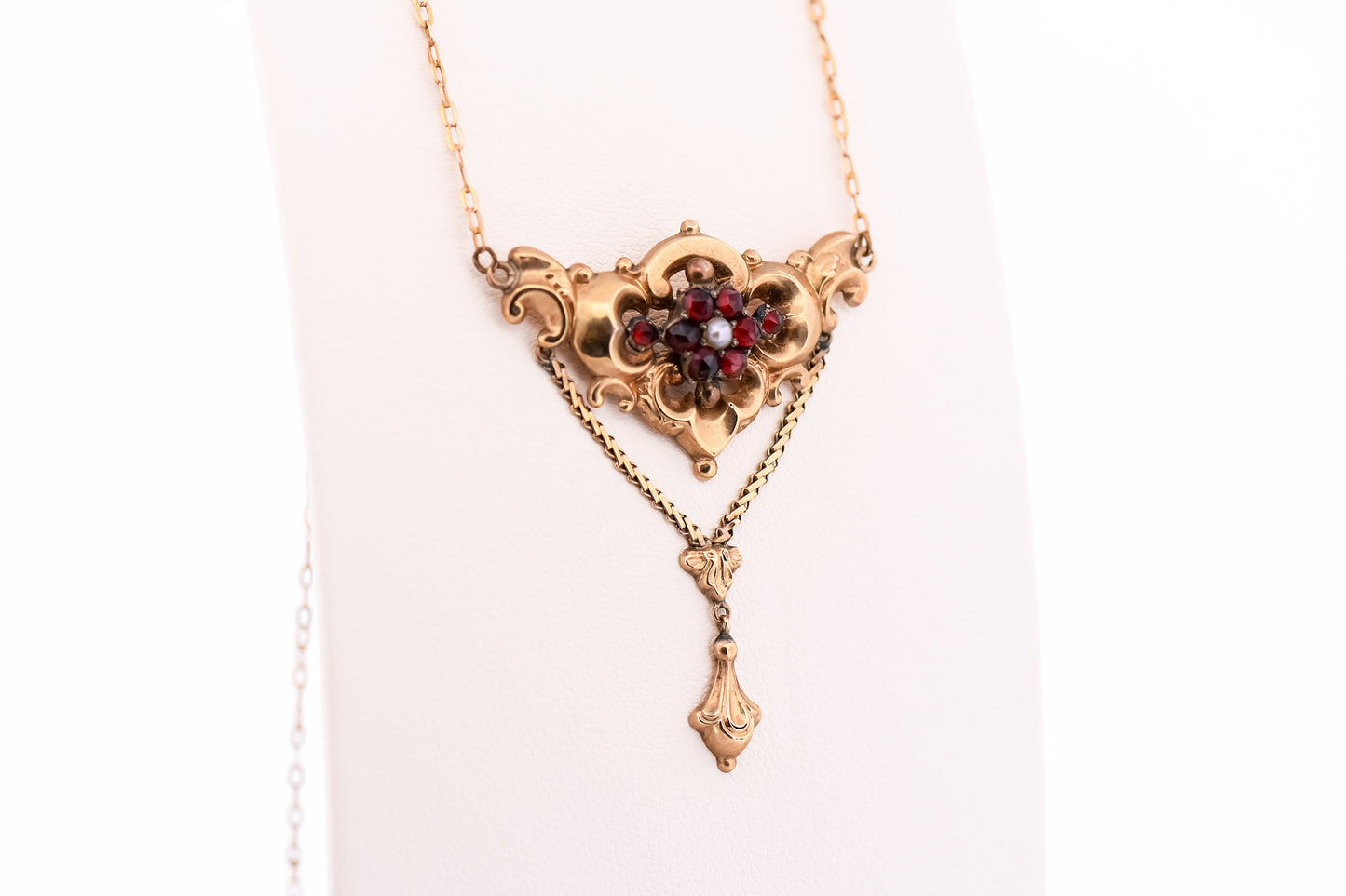 Victorian Rose Cut Garnet & Pearl Necklace in 9k/14k Gold