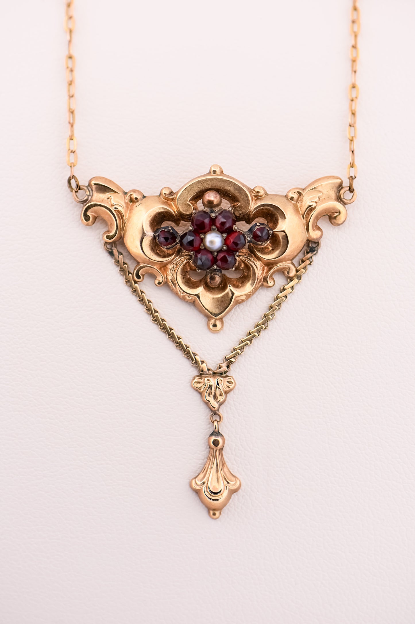 Victorian Rose Cut Garnet & Pearl Necklace in 9k/14k Gold