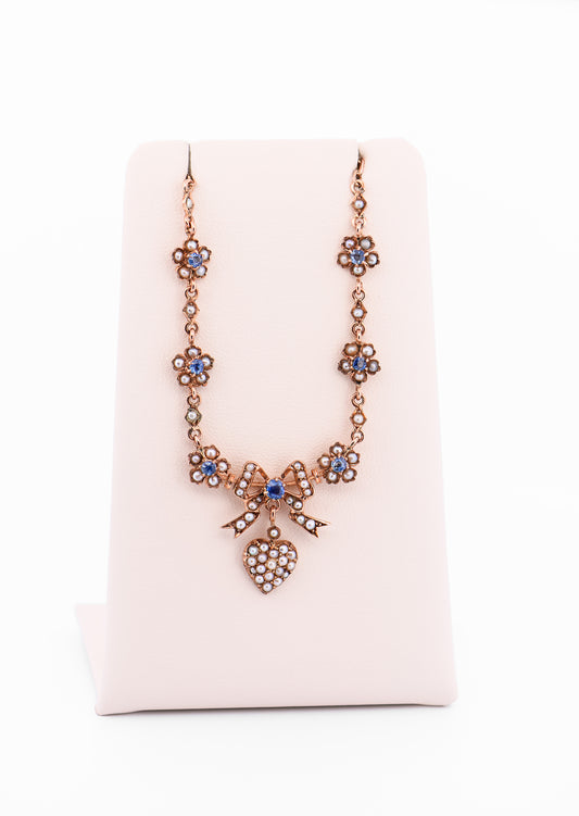Victorian Sweetheart Necklace with Seed Pearl Heart & Sapphires in Rose Gold