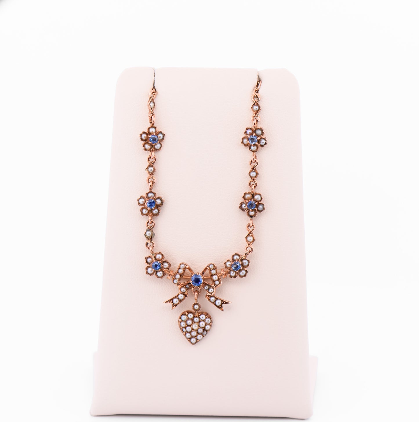 Victorian Sweetheart Necklace with Seed Pearl Heart & Sapphires in Rose Gold