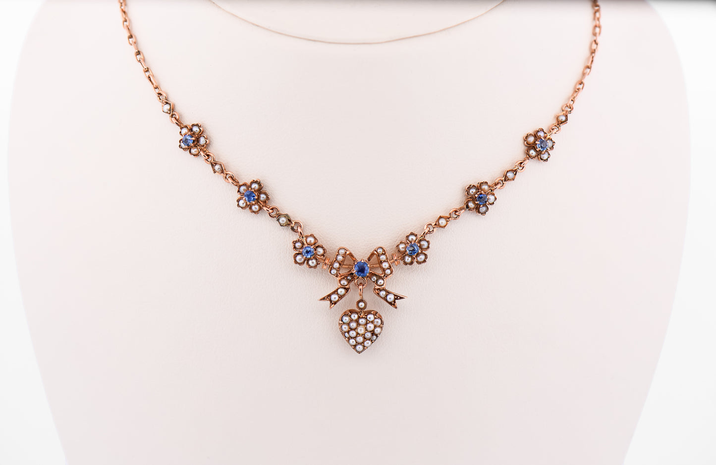 Victorian Sweetheart Necklace with Seed Pearl Heart & Sapphires in Rose Gold