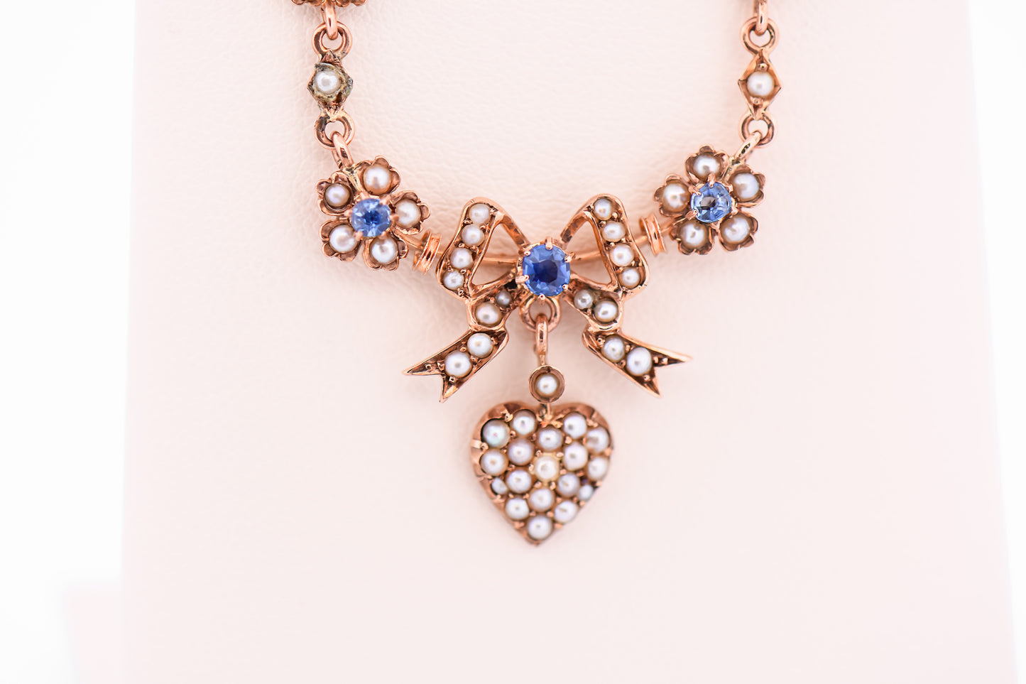 Victorian Sweetheart Necklace with Seed Pearl Heart & Sapphires in Rose Gold