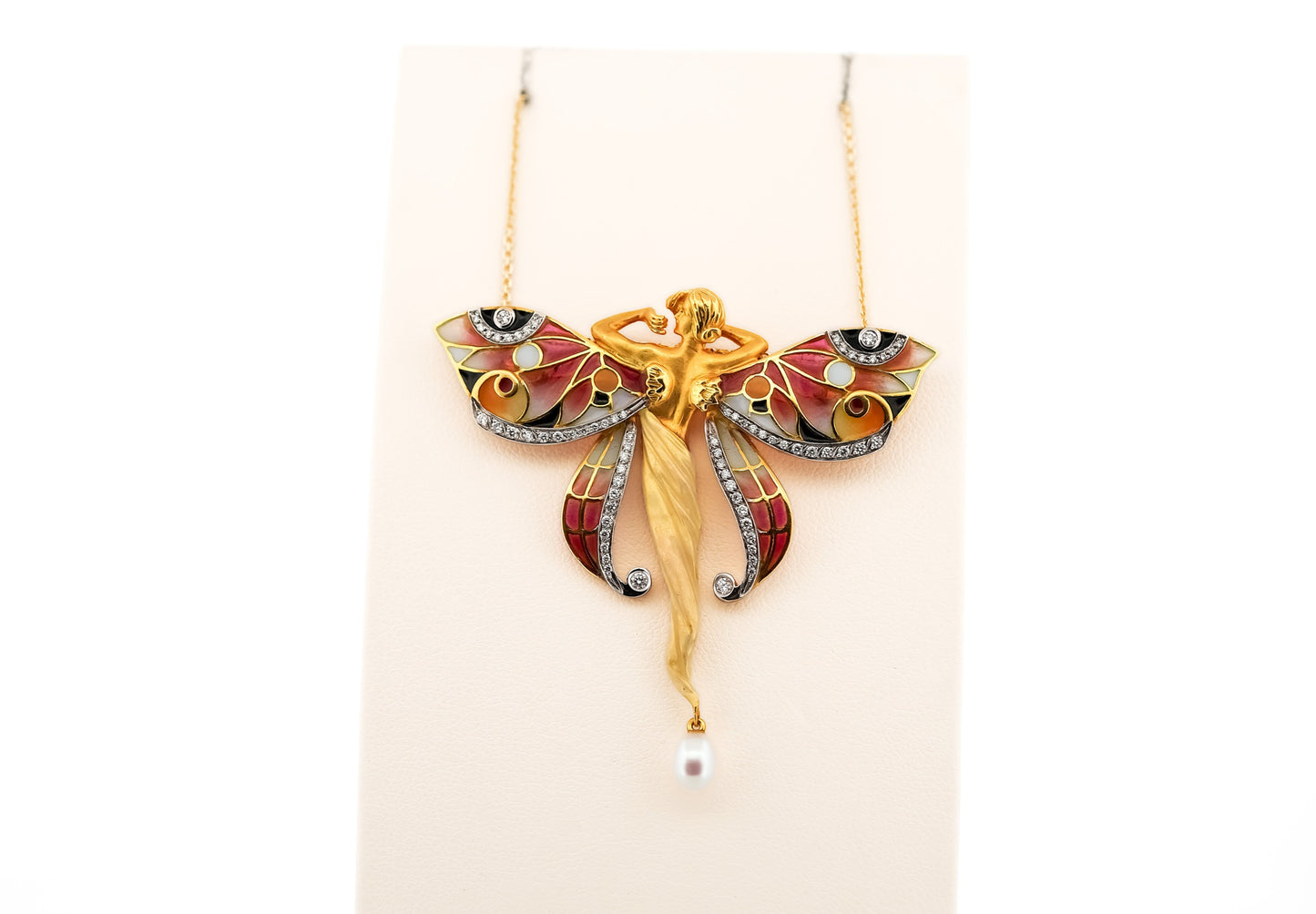 Vintage 18k Gold Fairy Pendant Brooch Combo with Enamel, Diamonds & Pearl by Masriera