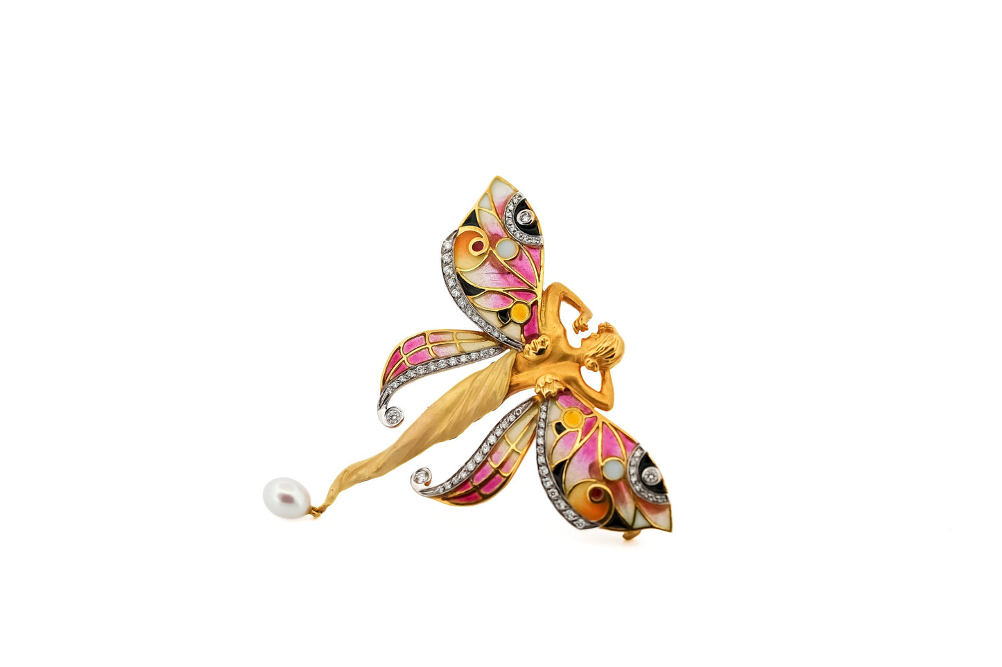 Vintage 18k Gold Fairy Pendant Brooch Combo with Enamel, Diamonds & Pearl by Masriera