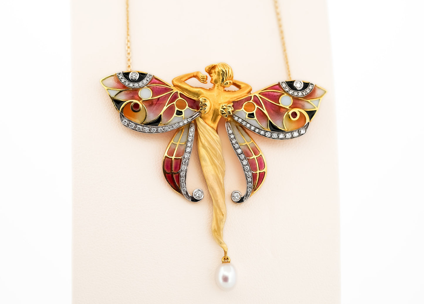 Vintage 18k Gold Fairy Pendant Brooch Combo with Enamel, Diamonds & Pearl by Masriera