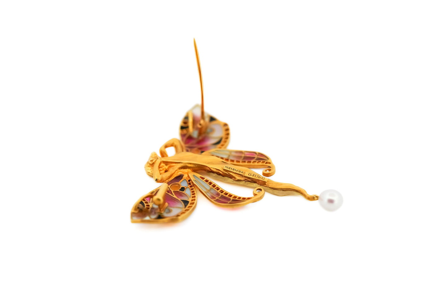 Vintage 18k Gold Fairy Pendant Brooch Combo with Enamel, Diamonds & Pearl by Masriera