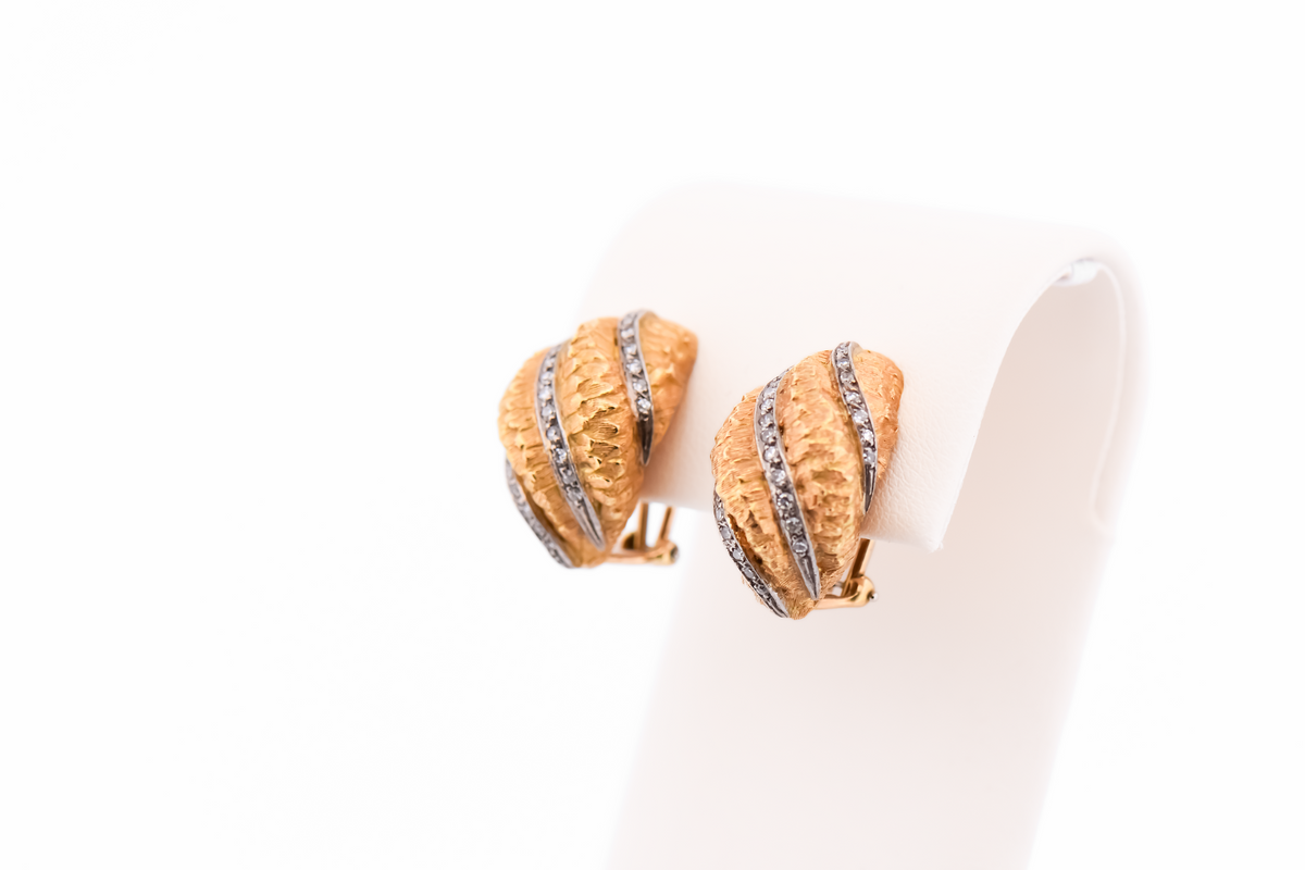 Vintage 18k Yellow Gold, Platinum & Diamond Shell Ear Clips by David Webb