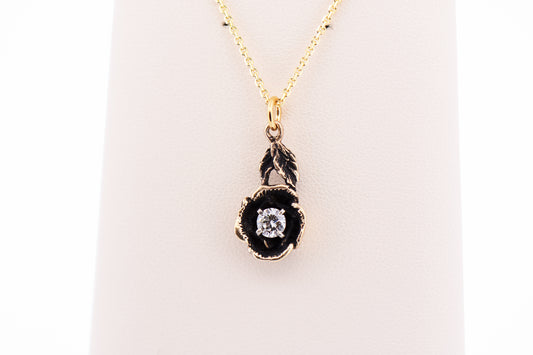 Vintage 1970s Carved Rose Flower Pendant with Diamond Center & Black Antiqued Gold