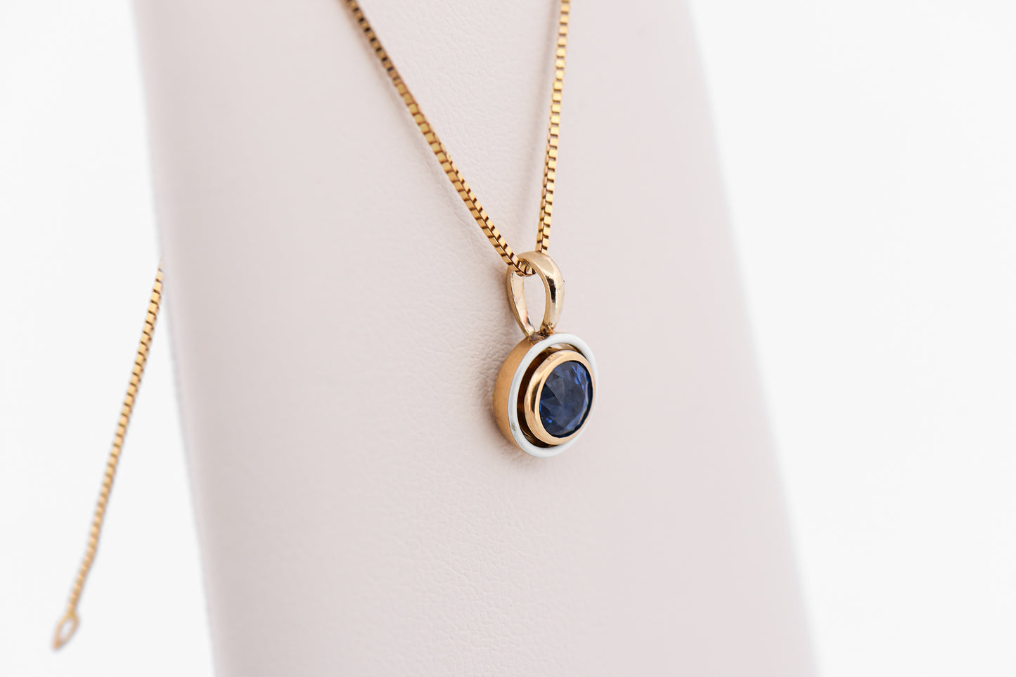 Vintage Blue Sapphire Pendant with White Enamel Frame