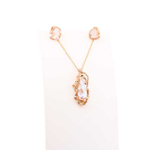 Vintage Brutalist Gold Pendant and Earrings Set with Biwa Pearls - Coral & Sealife Inspired