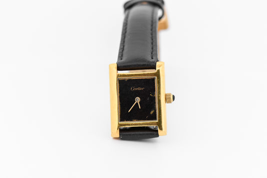 Vintage Cartier Tank Wristwatch - Early Electroplated Model with Mechanical Movement Black Dial