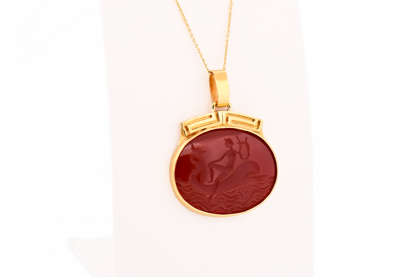 Vintage Carved Carnelian Pendant in 18k Gold - Apollo with Dolphin and Lyre