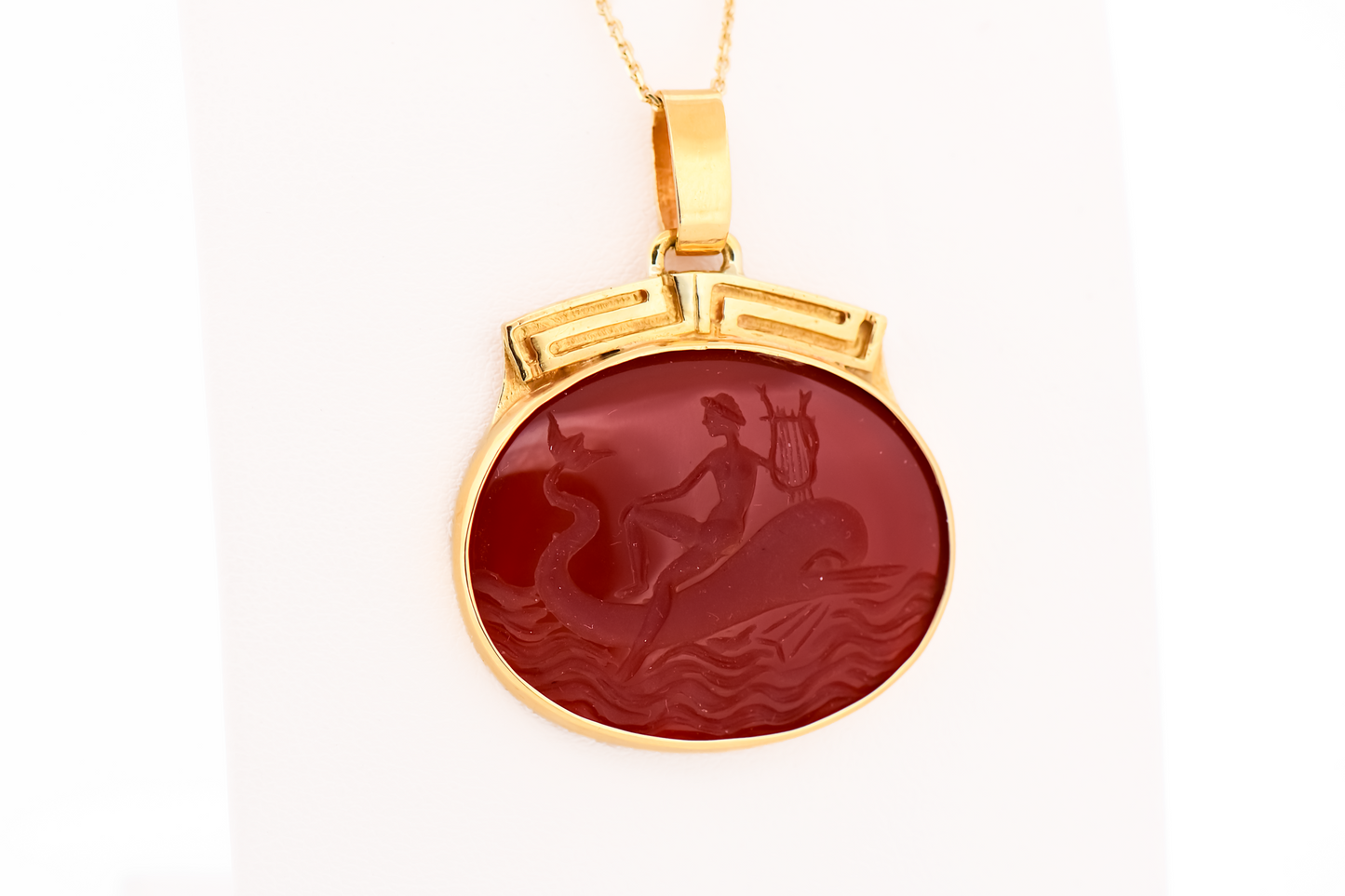 Vintage Carved Carnelian Pendant in 18k Gold - Apollo with Dolphin and Lyre