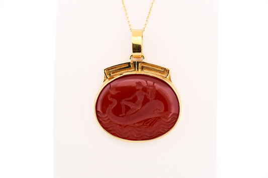 Vintage Carved Carnelian Pendant in 18k Gold - Apollo with Dolphin and Lyre