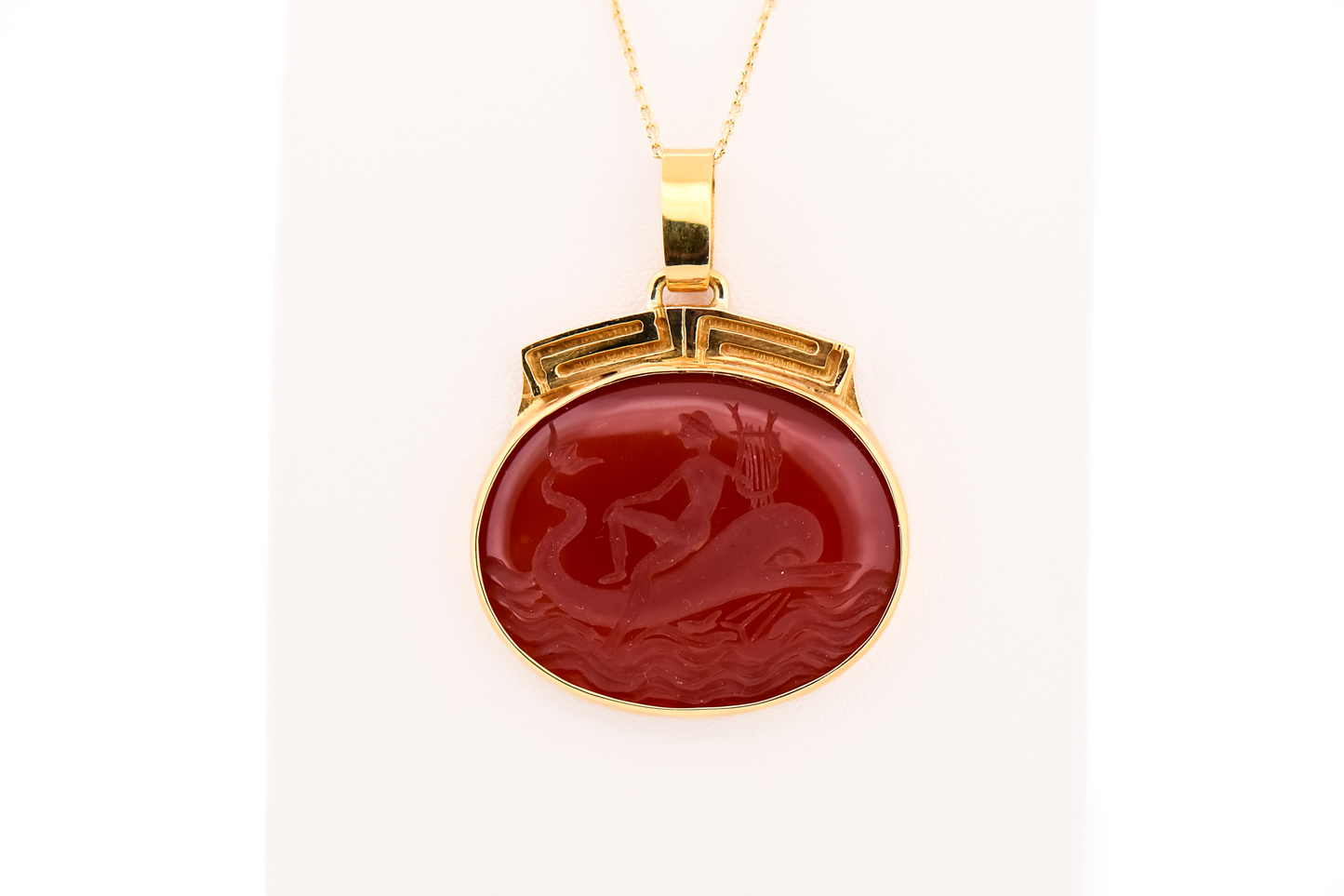 Vintage Carved Carnelian Pendant in 18k Gold - Apollo with Dolphin and Lyre