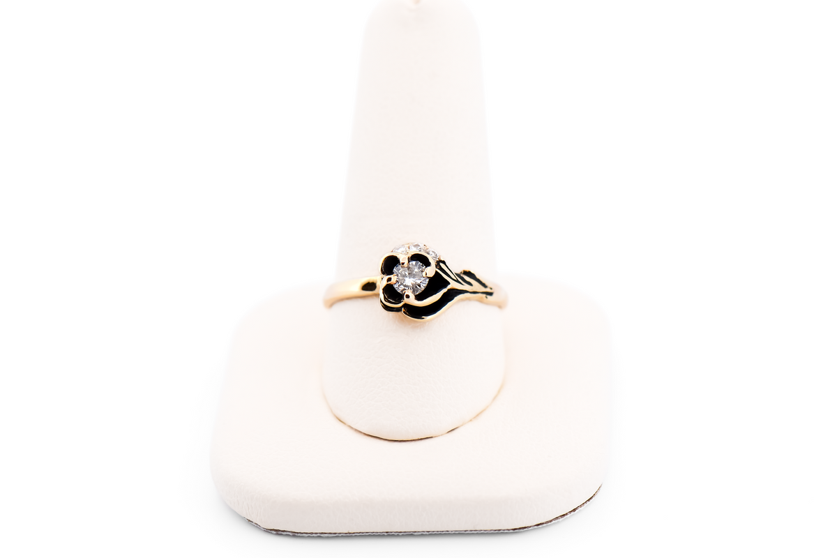 Vintage Carved Rose Ring with Diamonds & Black Antiquing in Yellow Gold
