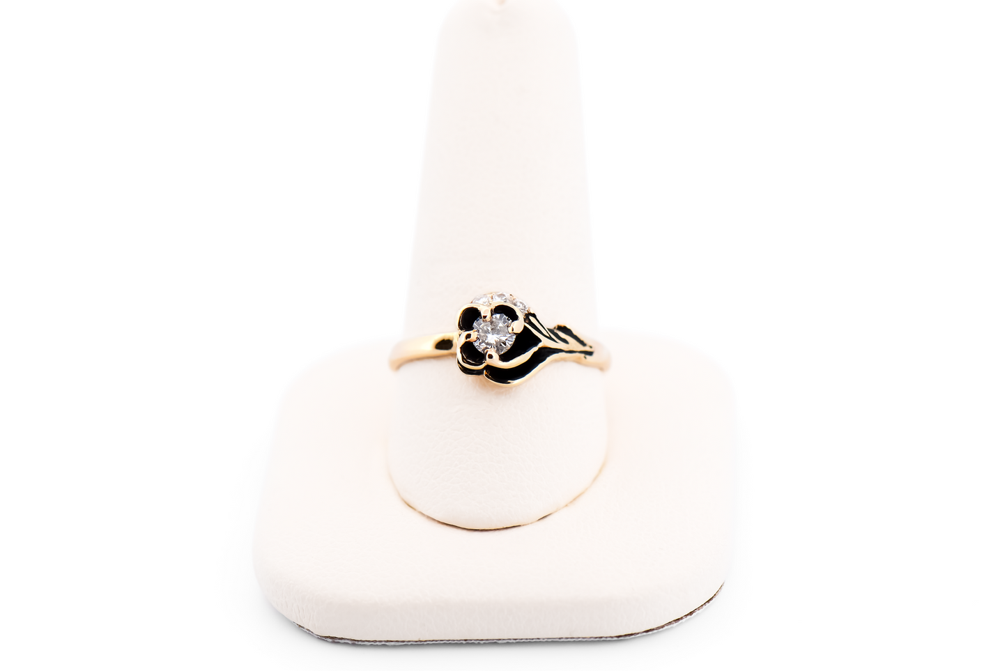 Vintage Carved Rose Ring with Diamonds & Black Antiquing in Yellow Gold